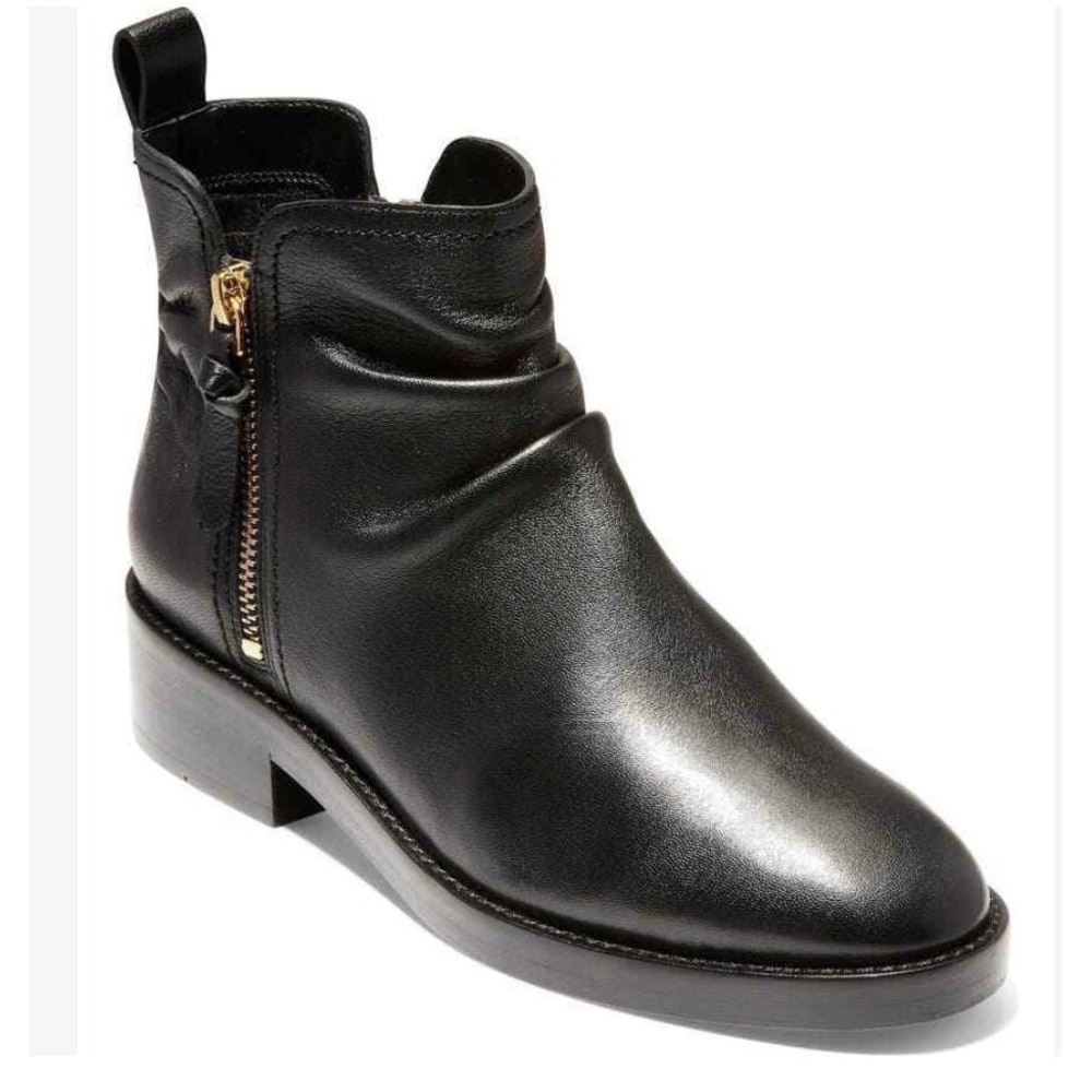 Cole Haan 360 Harrington Black Leather Ruched Ankle Boots Gold Zip Womens 7B